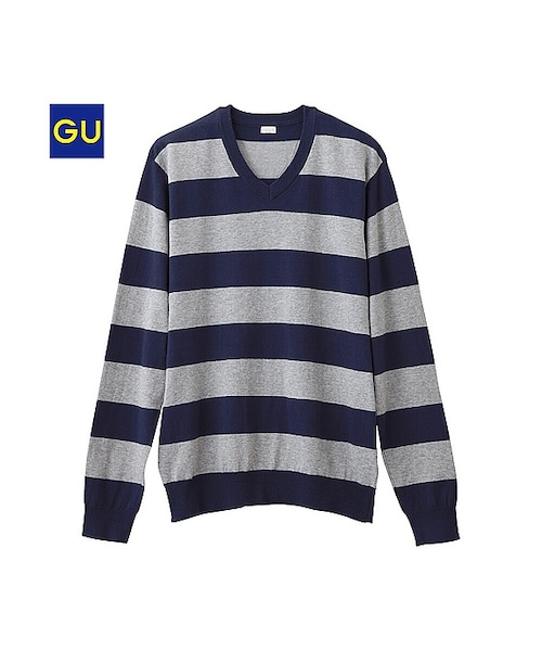 GU（ジーユー）の「（GU）コットンナイロンＶネックセーター（ボーダー・長袖)（MEN ⁄ ニット・メンズ・GRAY/BLACK/NAVY・S/M/L/XL）」の3枚目の写真