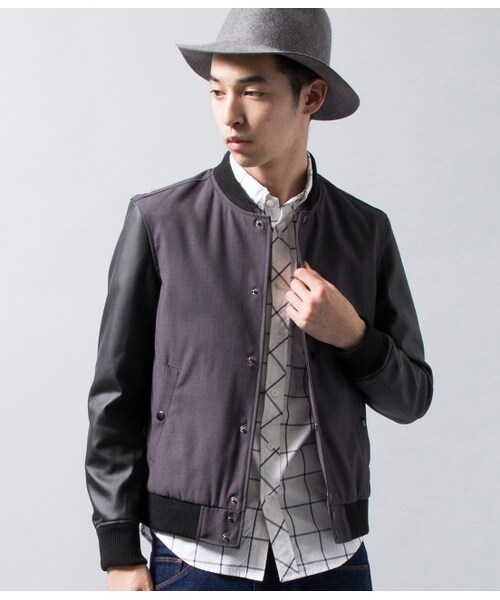 JUNRED（ジュンレッド）の「【先行予約】フェイクレザーコンビスタジャン 2015SS（ジャケット・メンズ・ブラック/グレー/ネイビー・0/1/2）」の2枚目の写真