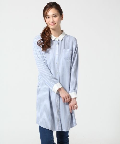 GLOBAL WORK(グローバルワーク)の「ムジガラシャツワンピース/長袖(ワンピース/ドレス・レディース・ホワイト(無地)05/チェック10/SAXストライプ80・M/L)」の3枚目の写真