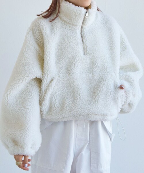 w closet（ダブルクローゼット）の「★先行予約★ショート丈ハーフジップボアジャケット【1月下旬入荷】（ジャケット/アウター・レディース・オフホワイト/グリーン/Sオレンジ・FREE）」の11枚目の写真