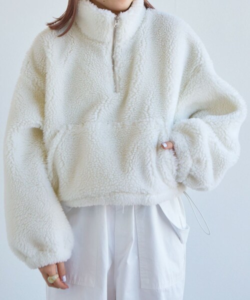 w closet（ダブルクローゼット）の「★先行予約★ショート丈ハーフジップボアジャケット【1月下旬入荷】（ジャケット/アウター・レディース・オフホワイト/グリーン/Sオレンジ・FREE）」の8枚目の写真