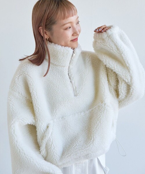 w closet（ダブルクローゼット）の「★先行予約★ショート丈ハーフジップボアジャケット【1月下旬入荷】（ジャケット/アウター・レディース・オフホワイト/グリーン/Sオレンジ・FREE）」の10枚目の写真