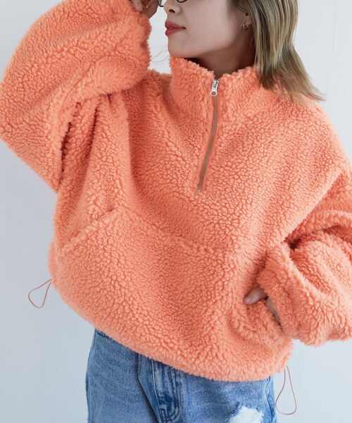 w closet（ダブルクローゼット）の「★先行予約★ショート丈ハーフジップボアジャケット【1月下旬入荷】（ジャケット/アウター・レディース・オフホワイト/グリーン/Sオレンジ・FREE）」の3枚目の写真