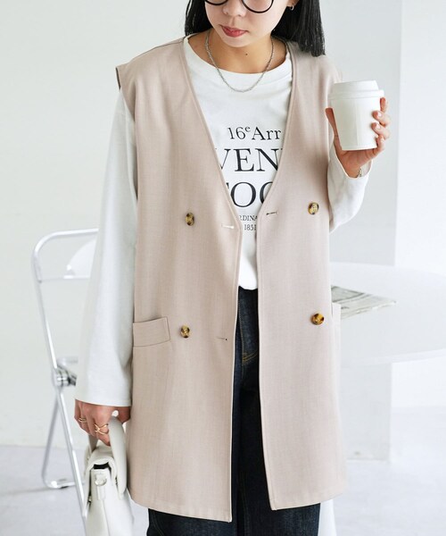 DISCOAT（ディスコート）の「【SS先行予約アイテム/WEB限定】ノーカラーダブルベスト（ベスト・レディース・アイボリー/グレージュ/ブラック・F）」の3枚目の写真