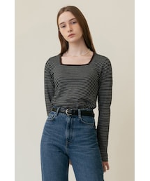 AMONG（アマング）の「[23SS] A SQUARE NECK STRIPE T_BLACK（その他）」