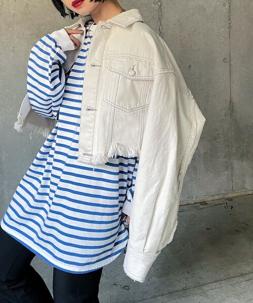 PAGEBOY（ページボーイ）の「ショートボーイGジャン（ジャケット/アウター・レディース・交織オフホワイト05/ケミカルブラック09/ブルー82・F）」の4枚目の写真