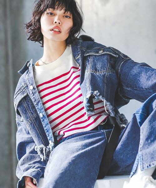 PAGEBOY（ページボーイ）の「ショートボーイGジャン（ジャケット/アウター・レディース・交織オフホワイト05/ケミカルブラック09/ブルー82・F）」の3枚目の写真