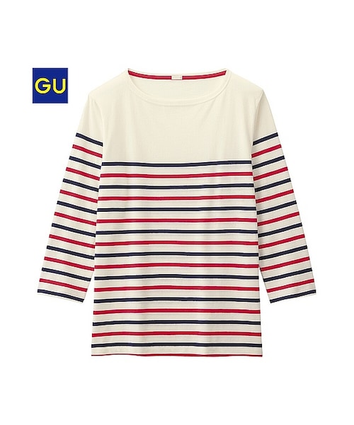 GU(ジーユー)の「(GU)ボーダーボートネックT(7分袖)A(MEN ⁄ カットソー・メンズ・RED/BLACK/OFF WHITE/NAVY/DARK GREEN・L/M/XL/S)」の1枚目の写真