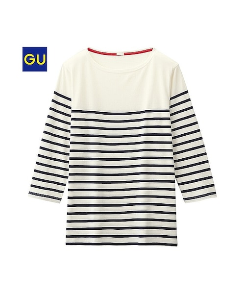 GU(ジーユー)の「(GU)ボーダーボートネックT(7分袖)A(MEN ⁄ カットソー・メンズ・RED/BLACK/OFF WHITE/NAVY/DARK GREEN・L/M/XL/S)」の2枚目の写真