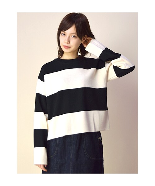 w closet(ダブルクローゼット)の「12Gミラノリブ編ボーダープルオーバー(トップス・レディース・オフホワイト×ブラック/グレー×ネイビー・FREE)」の1枚目の写真