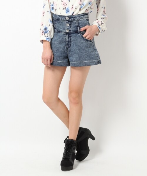 Heather（ヘザー）の「ヘザーＳＳハイウエストショートパンツ（パンツ・レディース・ホワイト/ケミカルブルー/ネイビー・Ｓ/Ｍ）」の2枚目の写真