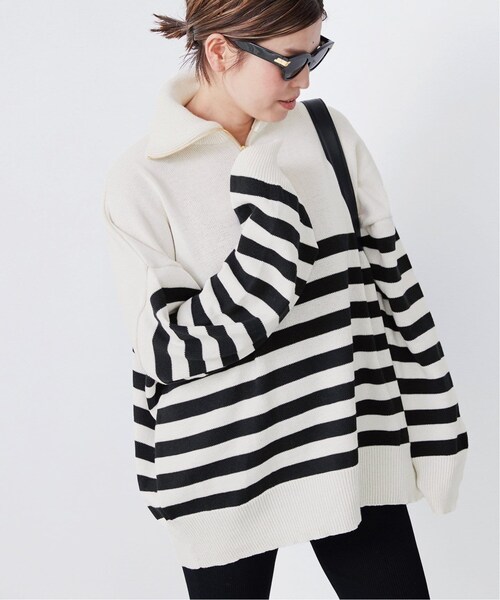 人気　Deuxieme Classe ハーフジップボーダーニット Deuxieme Classe（ドゥーズィエムクラス）の「WHITE BORDER HALF