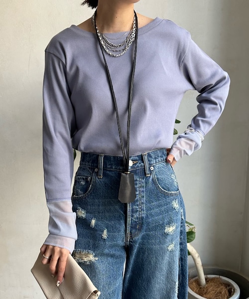 m*i様 DOUDOU 袖リブ シアーデニムシャツ ブルー DOUDOU｜袖リブシアーデニムシャツ | Rakuten Fashion(楽天