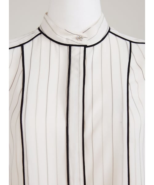 Marjorie（マージョリー）の「復刻史詩，特色鑲邊設計條紋立領上衣（トップス・レディース・白・S/M）」の9枚目の写真
