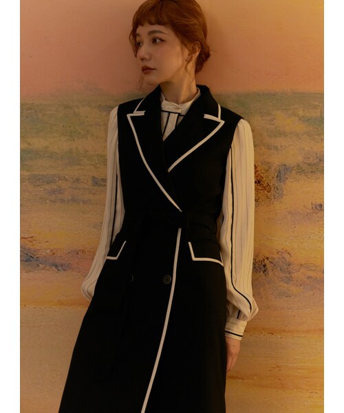 Marjorie（マージョリー）の「復刻史詩，特色鑲邊設計條紋立領上衣（トップス・レディース・白・S/M）」の4枚目の写真