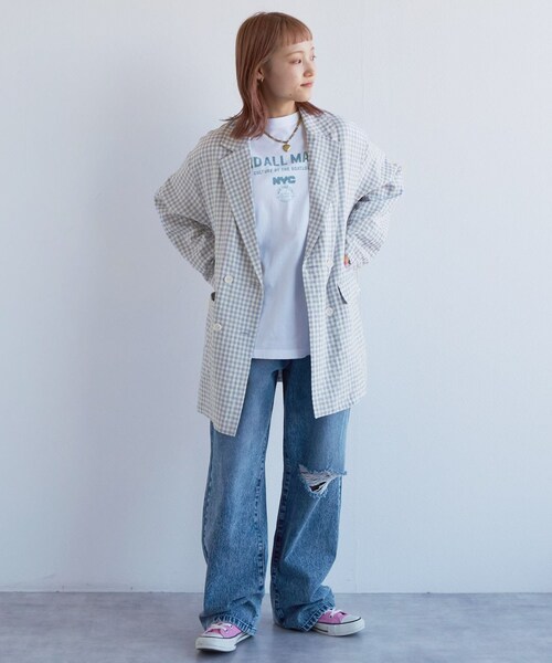 w closet(ダブルクローゼット)の「★先行予約★【セットアップ対応】ギンガムチェックテーラードジャケット【3月下旬入荷】(ジャケット/アウター・レディース・オフ/ブルー/サックス/オレンジ・FREE)」の5枚目の写真