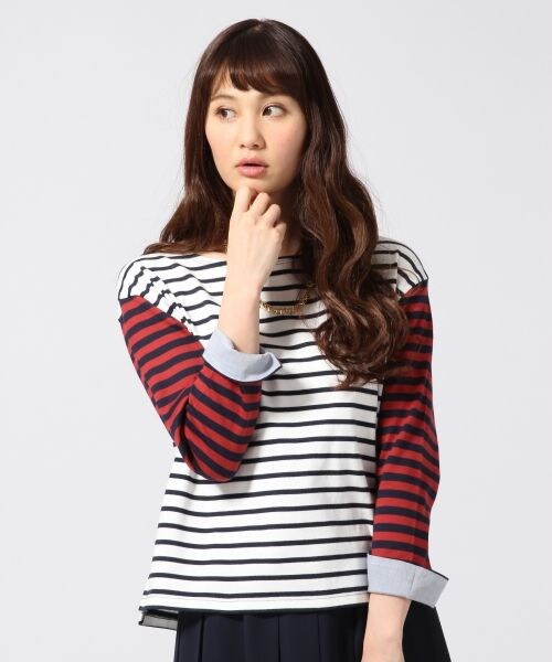 GLOBAL WORK（グローバルワーク）の「ソデカフスボーダープルオーバー８分袖（トップス・レディース・ホワイト×ネイビー05/ホワイト×レッド06/ネイビー×ホワイト88/ネイビー×グリーン89・Ｓ/Ｍ/Ｌ）」の4枚目の写真