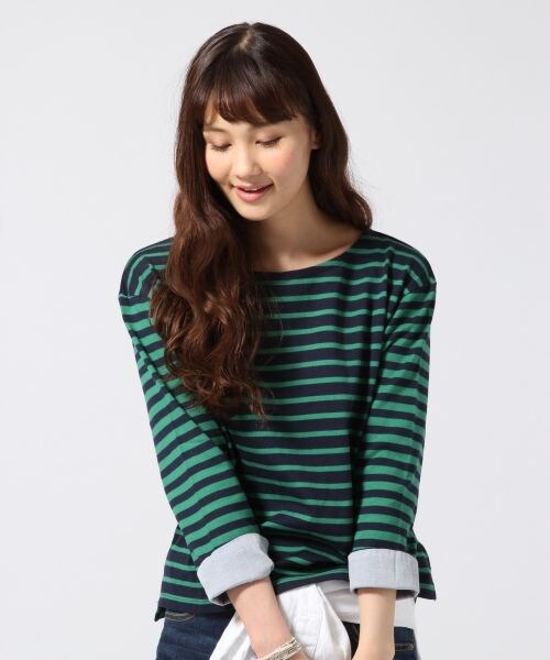 GLOBAL WORK（グローバルワーク）の「ソデカフスボーダープルオーバー８分袖（トップス・レディース・ホワイト×ネイビー05/ホワイト×レッド06/ネイビー×ホワイト88/ネイビー×グリーン89・Ｓ/Ｍ/Ｌ）」の3枚目の写真