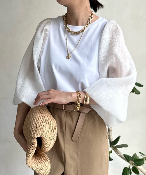 DouDou（ドゥドゥ）の「袖シアー切替トップス（Tシャツ