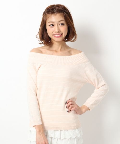 Heather（ヘザー）の「【WEB先行販売】マルチボーダーオフショルニット7分袖（トップス・レディース・ホワイト/ライトピンク/ネイビー・FREE）」の3枚目の写真