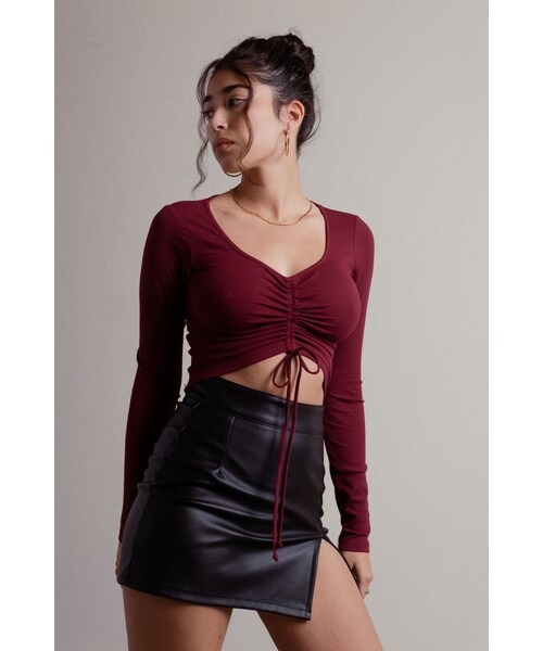 TOBI（-）の「No Love Burgundy Ruched Ribbed Front Tie Crop Top（トップス・レディース・other）」の3枚目の写真