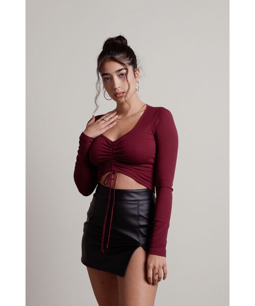 TOBI（-）の「No Love Burgundy Ruched Ribbed Front Tie Crop Top（トップス・レディース・other）」の5枚目の写真