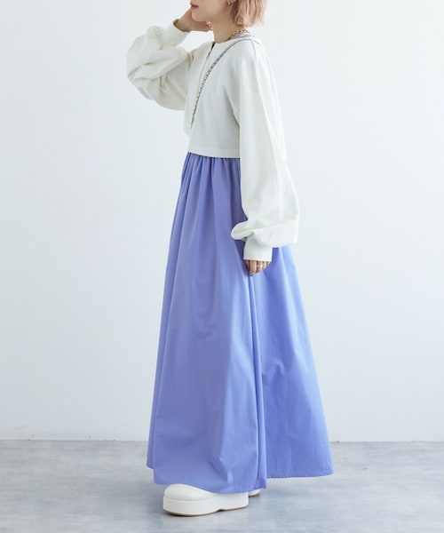 w closet（ダブルクローゼット）の「【SETアイテム】ショート丈スウェット＆異素材ワンピース（ワンピース/ドレス・レディース・オフホワイト/サックス/ベージュ/ブラック・FREE）」の18枚目の写真