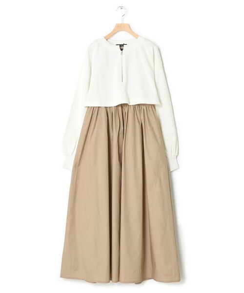 w closet（ダブルクローゼット）の「【SETアイテム】ショート丈スウェット＆異素材ワンピース（ワンピース/ドレス・レディース・オフホワイト/サックス/ベージュ/ブラック・FREE）」の7枚目の写真