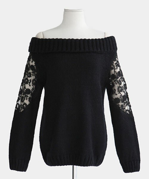 DHOLIC（ディーホリック）の「シースルーレースオフショルダーニット（ニット/セーター・レディース・クリーム/ライトベージュ/ブラック・free）」の2枚目の写真