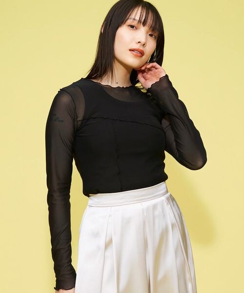 FOREVER 21(フォーエバー トゥエンティーワン)の「シアーメロウメッシュロンT(トップス・レディース・アイボリー08/ブラック09/グリーン73・F)」の2枚目の写真