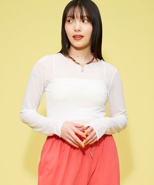 FOREVER 21(フォーエバー トゥエンティーワン)の「シアーメロウメッシュロンT(トップス・レディース・アイボリー08/ブラック09/グリーン73・F)」の1枚目の写真