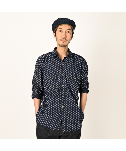 美品✨45R シガードットプリントの908山シャツ インディゴ 藍染め