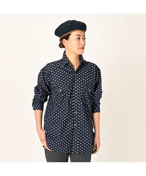 美品✨45R シガードットプリントの908山シャツ インディゴ　藍染め 45R（フォーティファイブアール）の「シガードットプリントの908山