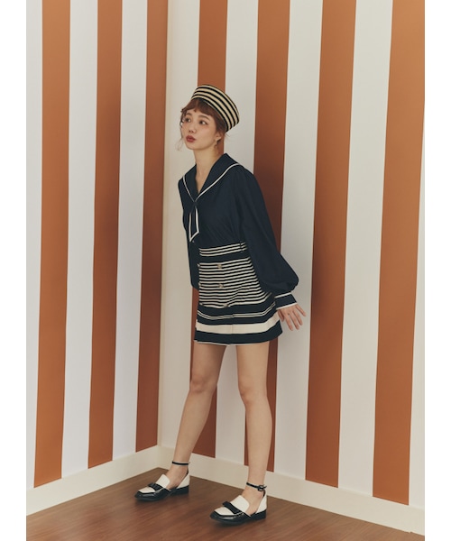 Marjorie（マージョリー）の「浪潮覺醒，雙排釦藍白條紋打褶短裙（スカート・レディース・深藍・S/M）」の4枚目の写真