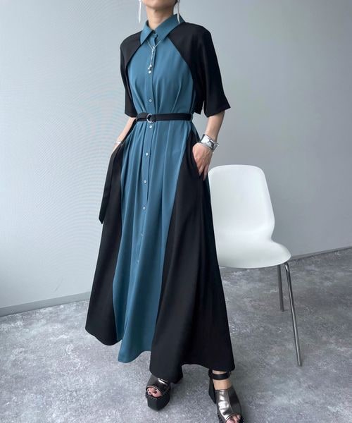 HARE サイドバイカラーワンピース ブルー ロングワンピース ハレ シャツ HARE（ハレ）の「サイドバイカラーワンピース（）」 - WEAR