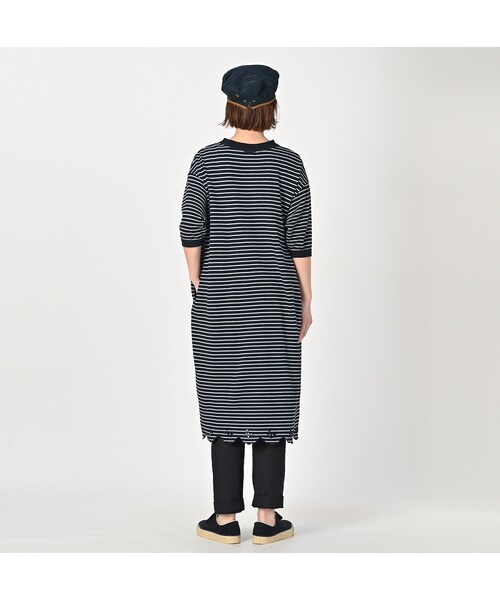 45R オックスフォードカノコ縞のカットワークドレス（インディゴ  