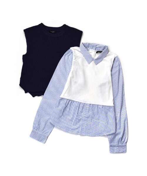 w closet（ダブルクローゼット）の「片畦編みベスト×切替シャツ衿プルオーバー（トップス・レディース・ベージュ×オフホワイト/イエロー×オフホワイト/ネイビー×ブルーストライプ・FREE）」の11枚目の写真