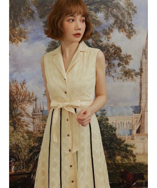 Marjorie（マージョリー）の「以滿月釀酒，跳色包邊無袖蕾絲洋裝（ワンピース/ドレス・レディース・黃・XS/S/M）」の2枚目の写真