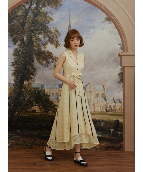 Marjorie（マージョリー）の「以滿月釀酒，跳色包邊無袖蕾絲洋裝（ワンピース/ドレス・レディース・黃・XS/S/M）」の3枚目の写真