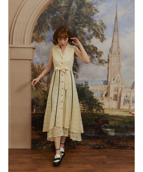 Marjorie（マージョリー）の「以滿月釀酒，跳色包邊無袖蕾絲洋裝（ワンピース/ドレス・レディース・黃・XS/S/M）」の5枚目の写真