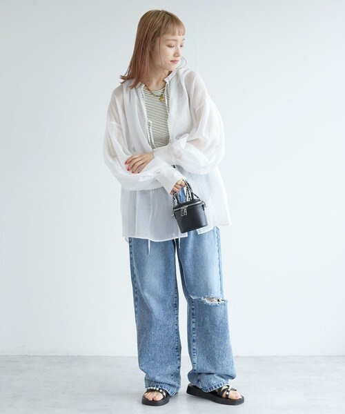 w closet(ダブルクローゼット)の「★先行予約★【前後2WAY】リボンシアーシャツ【4月中旬入荷】(トップス・レディース・オフホワイト/サックス/グレージュ・FREE)」の10枚目の写真