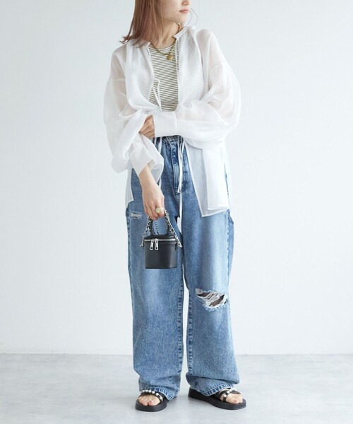 w closet(ダブルクローゼット)の「★先行予約★【前後2WAY】リボンシアーシャツ【4月中旬入荷】(トップス・レディース・オフホワイト/サックス/グレージュ・FREE)」の7枚目の写真