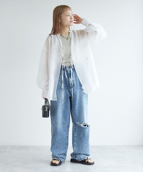 w closet(ダブルクローゼット)の「★先行予約★【前後2WAY】リボンシアーシャツ【4月中旬入荷】(トップス・レディース・オフホワイト/サックス/グレージュ・FREE)」の16枚目の写真