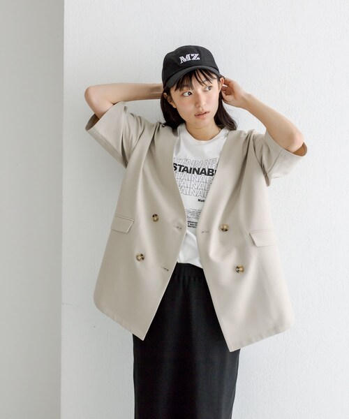 PUAL CE CIN(ピュアルセシン)の「【Du noir】ハーフスリーブジャケット(ジャケット/アウター・レディース・ベージュ/ブラック・FREE)」の1枚目の写真