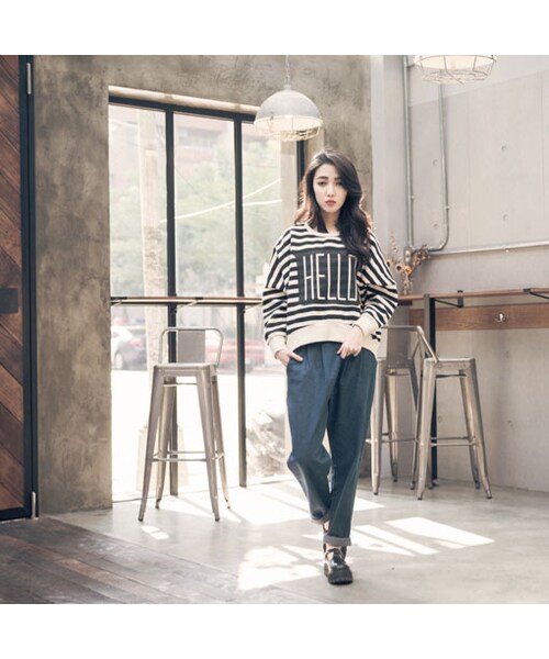 QUEEN SHOP（クイーンショップ）の「HELLO條紋上衣 兩色售（トップス・レディース・黑/灰・F）」の6枚目の写真