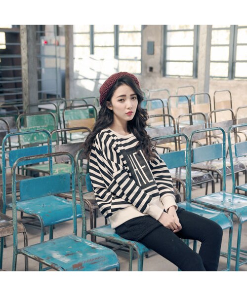 QUEEN SHOP（クイーンショップ）の「HELLO條紋上衣 兩色售（トップス・レディース・黑/灰・F）」の5枚目の写真