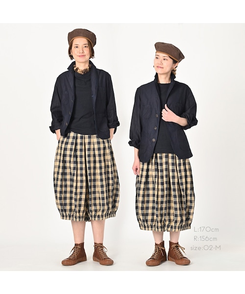 45R リネンツイルのブルマパンツ ブラウン ギンガムチェック 45R