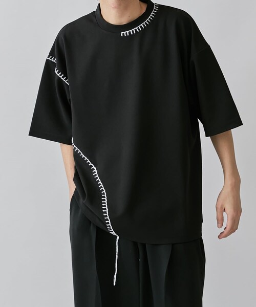 Lui's(ルイス)の「カットジョーゼットブランケットステッチTEE(カットソー)(Tシャツ/カットソー・メンズ・ブラック/ホワイト/ダークグリーン・F)」の1枚目の写真