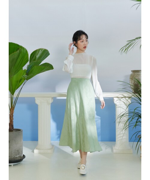 Marjorie（マージョリー）の「河畔舊書攤，立體花朵壓紋設計傘裙（スカート・レディース・薄荷綠・S/M/L）」の3枚目の写真