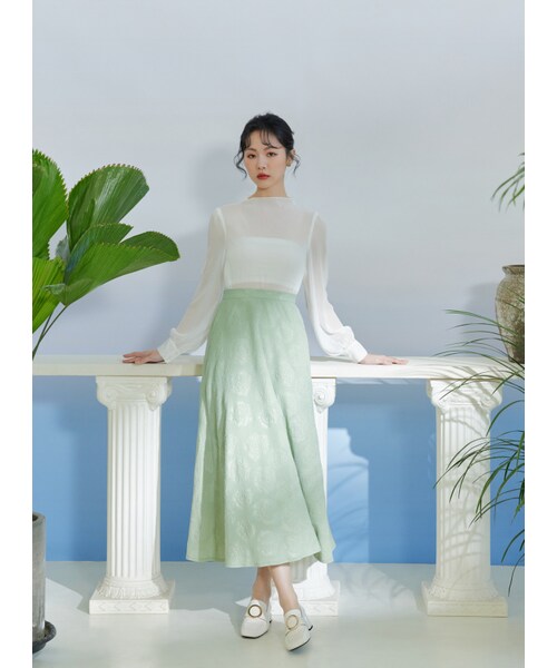 Marjorie（マージョリー）の「河畔舊書攤，立體花朵壓紋設計傘裙（スカート・レディース・薄荷綠・S/M/L）」の5枚目の写真